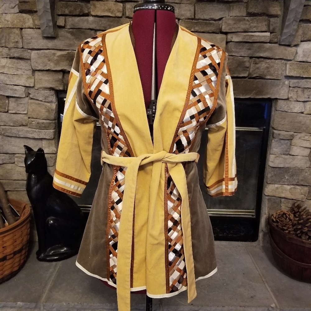 Vintage Velvet Woven Ribbon Patchwork Jacket Tie Sash Mustard Yellow Brown Cream